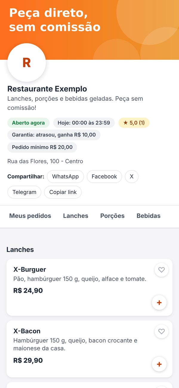 Cardápio online do restaurante no celular
